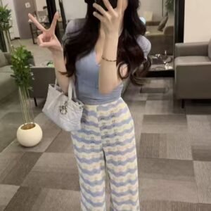 【os&oneshow】summer blue and white stripe two piece set – top with straight wide leg pants