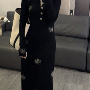 【os&oneshow】autumn new black v neck long sleeve rhinestone dress
