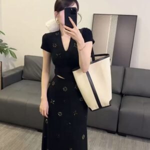 【os&oneshow】summer two piece set – black v neck top with rhinestone a line skirt