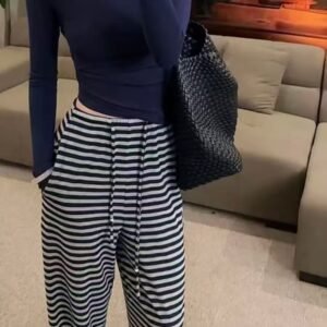 【os&oneshow】early autumn navy blue two piece set – round neck long sleeve top with high waist striped wide leg pants