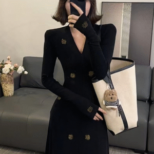 【os&oneshow】women’s black v neck long sleeve dress – slim fit, autumn/winter fashion