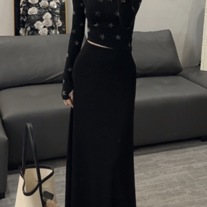 【os&oneshow】autumn two piece set – starry rhinestone long sleeve top with high waist skirt